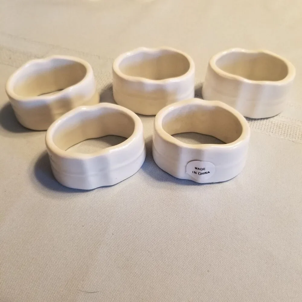White Ceramic Napkin Rings Set of 5 – Scalloped Vintage Style